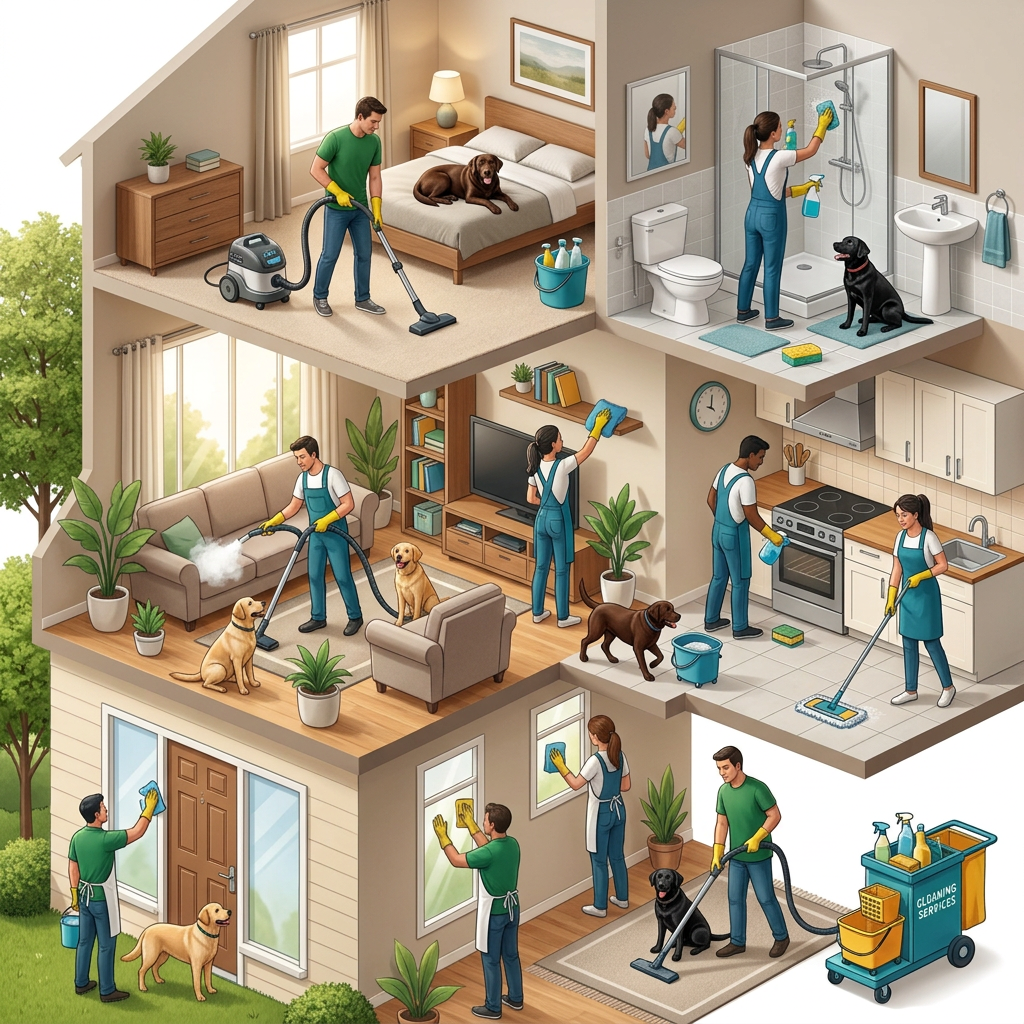 Cleaners vacuuming, mopping, wiping windows and surfaces in a house
